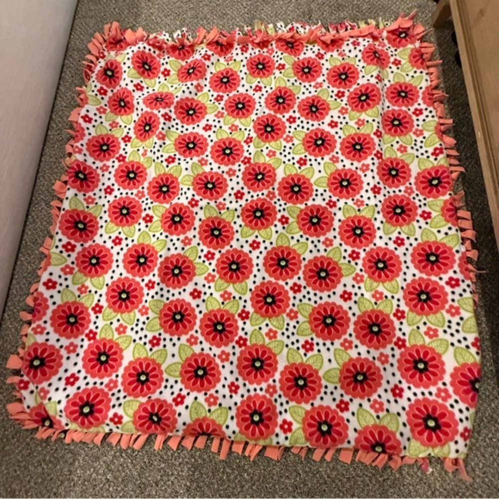Floral Fleece Blanket with Fringe - hand tied